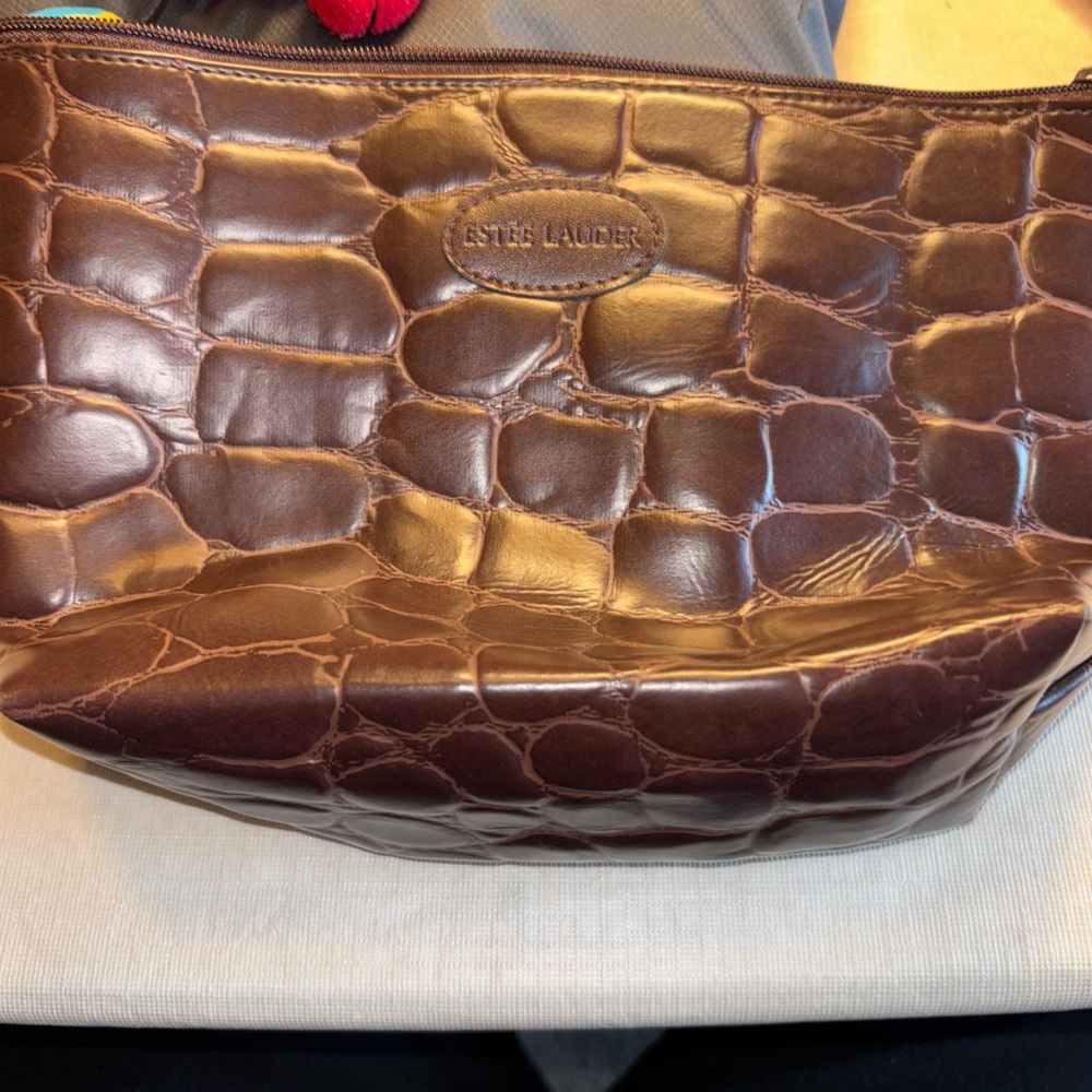 Estee Lauder Embossed Faux Crocodile Pattern Brown Cosmetic Bag